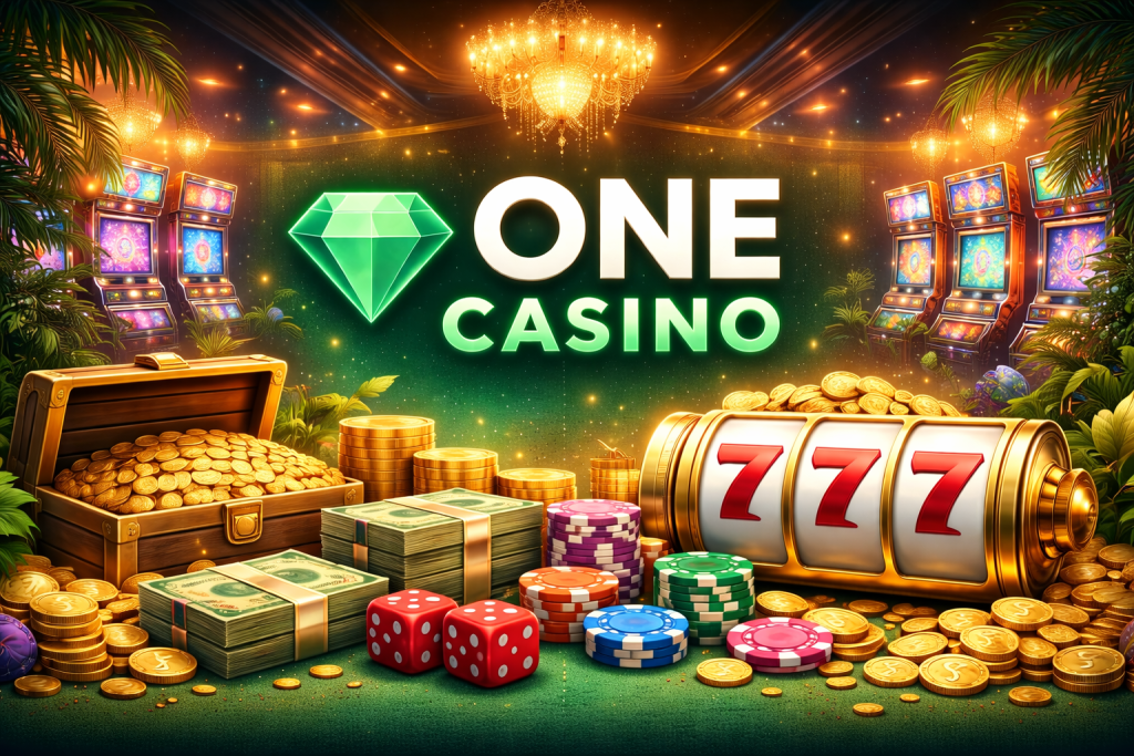 Luksusowy baner kasyna z automatami, żetonami, kośćmi i złotymi monetami